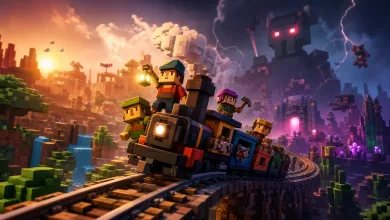 A small train carrying a crew travels along elevated tracks through colorful voxel landscapes as lightning and a giant robot loom in the background.