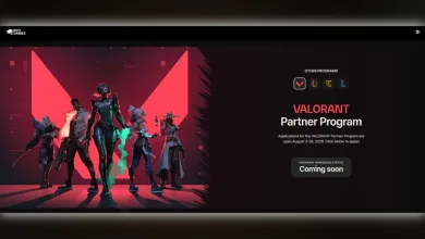 VALORANT Partner Program page showing agents and a coming soon application notice