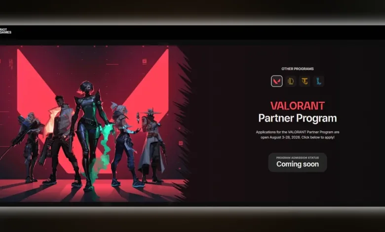 VALORANT Partner Program page showing agents and a coming soon application notice