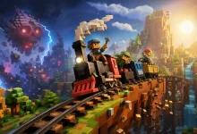 Three voxel-style characters ride a small steam train across a damaged elevated track through a colorful mountainous landscape.