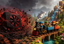 Voxel-style workers ride a small train across a bridge while a damaged graphics card erupts beside the tracks.