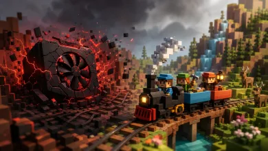 Voxel-style workers ride a small train across a bridge while a damaged graphics card erupts beside the tracks.