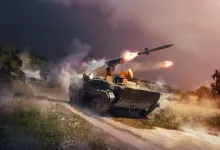 A War Thunder ground vehicle fires missiles while driving along a dusty battlefield road