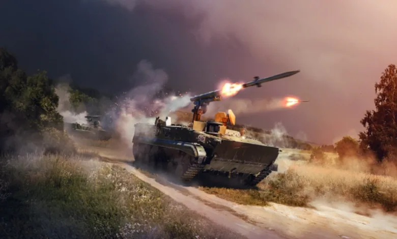 A War Thunder ground vehicle fires missiles while driving along a dusty battlefield road