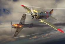 Two War Thunder fighter aircraft exchange fire in the sky
