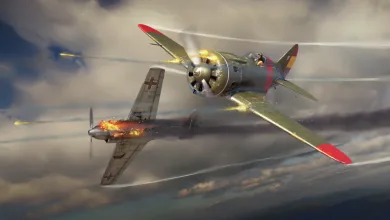 Two War Thunder fighter aircraft exchange fire in the sky