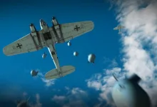 War Thunder aircraft flying overhead while releasing bombs against a blue sky