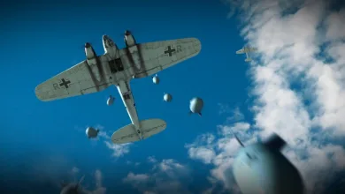 War Thunder aircraft flying overhead while releasing bombs against a blue sky