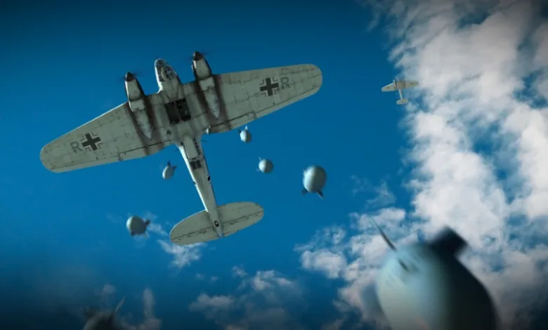 War Thunder aircraft flying overhead while releasing bombs against a blue sky