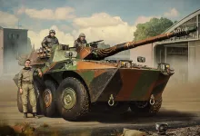 Camouflaged wheeled armored vehicle with three crew members in an industrial setting