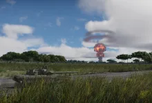 War Thunder ground vehicle on a battlefield with a nuclear explosion in the distance