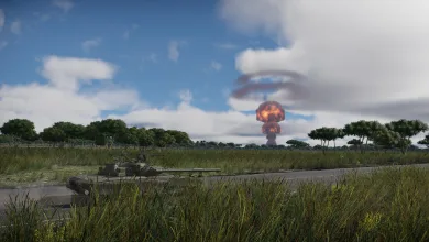 War Thunder ground vehicle on a battlefield with a nuclear explosion in the distance