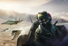 Fighter pilot in a helmet viewed from the cockpit with several military aircraft flying over mountainous terrain