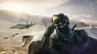 Fighter pilot in a helmet viewed from the cockpit with several military aircraft flying over mountainous terrain