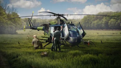 War Thunder helicopter parked in a grassy field with two people beside it