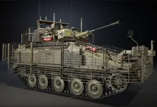 British Scimitar Mk.2 light tank shown with slat armor and a 30 mm cannon