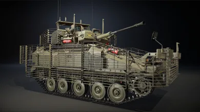 British Scimitar Mk.2 light tank shown with slat armor and a 30 mm cannon