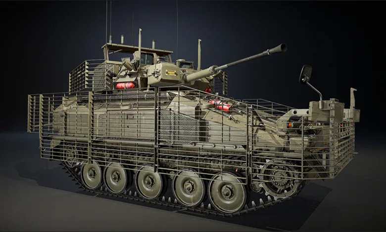 British Scimitar Mk.2 light tank shown with slat armor and a 30 mm cannon