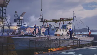 War Thunder ship being worked on at a harbor dock