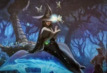 A witch-like mage in a pointed hat sits on a glowing blue mushroom in a dark fantasy forest