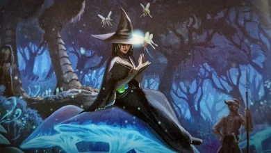A witch-like mage in a pointed hat sits on a glowing blue mushroom in a dark fantasy forest