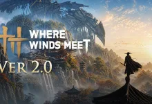 Where Winds Meet Version 2.0 promotional artwork showing a silhouetted warrior above a mountain landscape