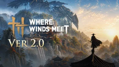 Where Winds Meet Version 2.0 promotional artwork showing a silhouetted warrior above a mountain landscape