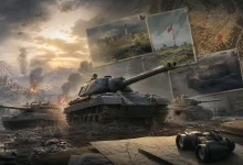 Three armored tanks advance across a muddy battlefield beneath planning maps and reconnaissance photographs.