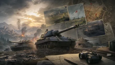 Three armored tanks advance across a muddy battlefield beneath planning maps and reconnaissance photographs.