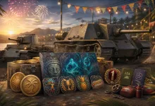 Two armored tanks displayed with stylized Summer Festival tokens, reward cards, and consumable items at a festive tropical military camp.