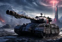 Armored tanks advance across a frozen battlefield beneath storm clouds and glowing red obelisks.
