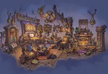A furnished World of Warcraft player home filled with decorations, furniture, and warm fireplace light