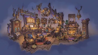 A furnished World of Warcraft player home filled with decorations, furniture, and warm fireplace light