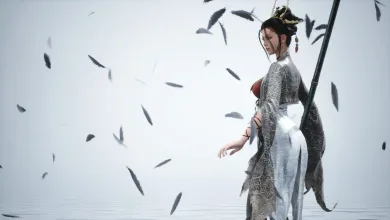 A female warrior in ornate gray clothing stands amid falling feathers against a pale background