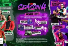 WWE 2K26 Season 4 promotional graphic showing Matt Hardy, Jeff Hardy, Jelly Roll, Lady Shani, Lita, and other wrestlers alongside Free Track and Premium Track rewards