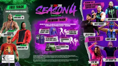 WWE 2K26 Season 4 promotional graphic showing Matt Hardy, Jeff Hardy, Jelly Roll, Lady Shani, Lita, and other wrestlers alongside Free Track and Premium Track rewards