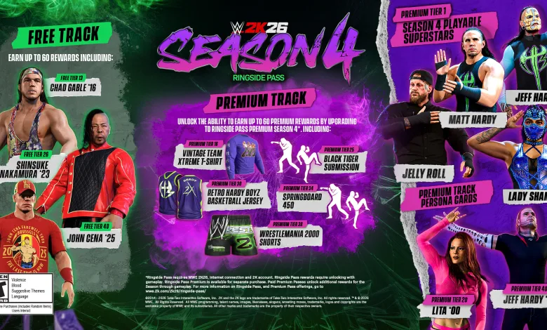 WWE 2K26 Season 4 promotional graphic showing Matt Hardy, Jeff Hardy, Jelly Roll, Lady Shani, Lita, and other wrestlers alongside Free Track and Premium Track rewards