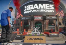 Skateboarder standing in front of the X Games San Van 2026 venue in skate.