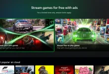 Xbox graphic showing free game streaming with ads, including game scenes and a row of popular cloud games