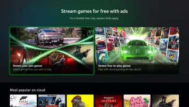 Xbox graphic showing free game streaming with ads, including game scenes and a row of popular cloud games