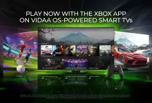 Promotional graphic showing the Xbox app interface on a VIDAA OS-powered Smart TV alongside game scenes and an Xbox controller