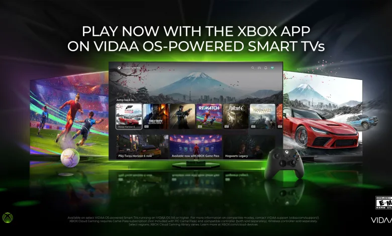 Promotional graphic showing the Xbox app interface on a VIDAA OS-powered Smart TV alongside game scenes and an Xbox controller