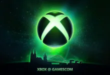 Glowing Xbox logo above a silhouetted city skyline with the text Xbox @ gamescom