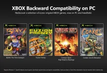 Graphic showing the covers of BLiNX: The Time Sweeper, Fuzion Frenzy, Crimson Skies: High Road to Revenge, and Conker: Live and Reloaded under the heading Xbox Backward Compatibili