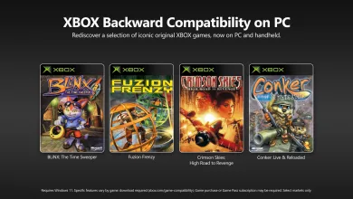 Graphic showing the covers of BLiNX: The Time Sweeper, Fuzion Frenzy, Crimson Skies: High Road to Revenge, and Conker: Live and Reloaded under the heading Xbox Backward Compatibili