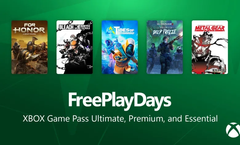 Xbox Free Play Days graphic showing For Honor, Bleach Rebirth of Souls, Tides of Tomorrow, Killing Floor 3, and Metal Gear Solid game covers