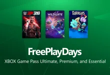 Xbox Free Play Days graphic featuring WWE 2K26, Wildgate, and Polterguys: Possession Party