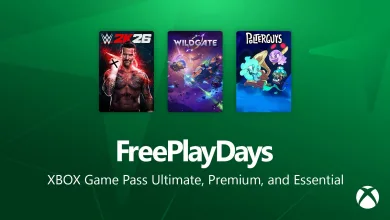 Xbox Free Play Days graphic featuring WWE 2K26, Wildgate, and Polterguys: Possession Party