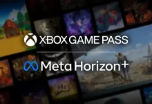 Xbox Game Pass and Meta Horizon+ logos over a blurred collage of video game artwork