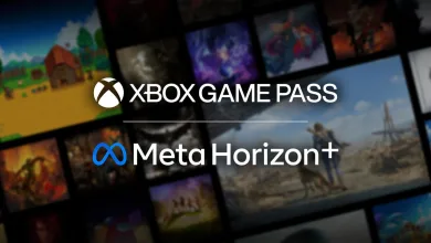 Xbox Game Pass and Meta Horizon+ logos over a blurred collage of video game artwork